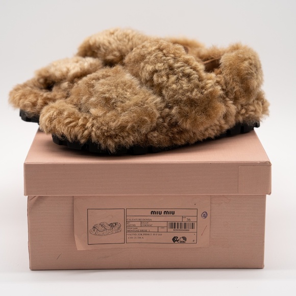 size 36eu 6 US Miu Miu Camel Brown Shearling Sandals - Picture 12 of 13